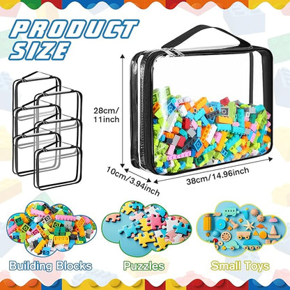 Sanwuta 6 Packs Toy Storage Bags, PVC Organizing Case Bags with Zipper, Waterproof Toy Container for Board Games, Building Blocks, Puzzles, Small Toys and Kids Books(X-Large,Black)