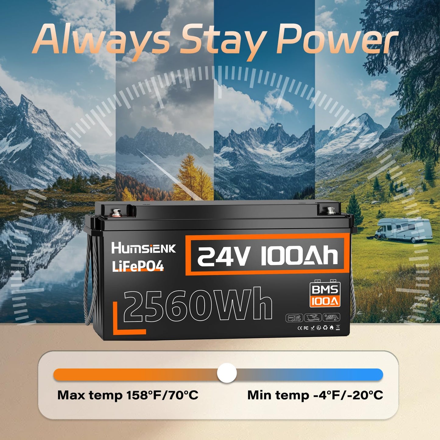 HumsiENK 24V 100Ah LiFePO4 Lithium Battery, Built-in 100A BMS with Low-Temp, 15000+ Deep Cycles 10 Years Lifespan, 2560Wh Lithium Iron Phosphate Battery, for RV, Trolling Motors, Off-Grid, Marine
