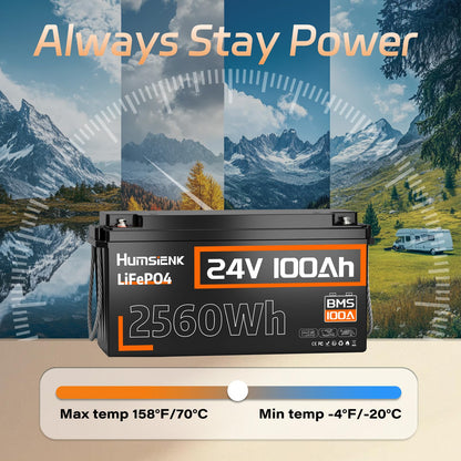HumsiENK 24V 100Ah LiFePO4 Lithium Battery, Built-in 100A BMS with Low-Temp, 15000+ Deep Cycles 10 Years Lifespan, 2560Wh Lithium Iron Phosphate Battery, for RV, Trolling Motors, Off-Grid, Marine