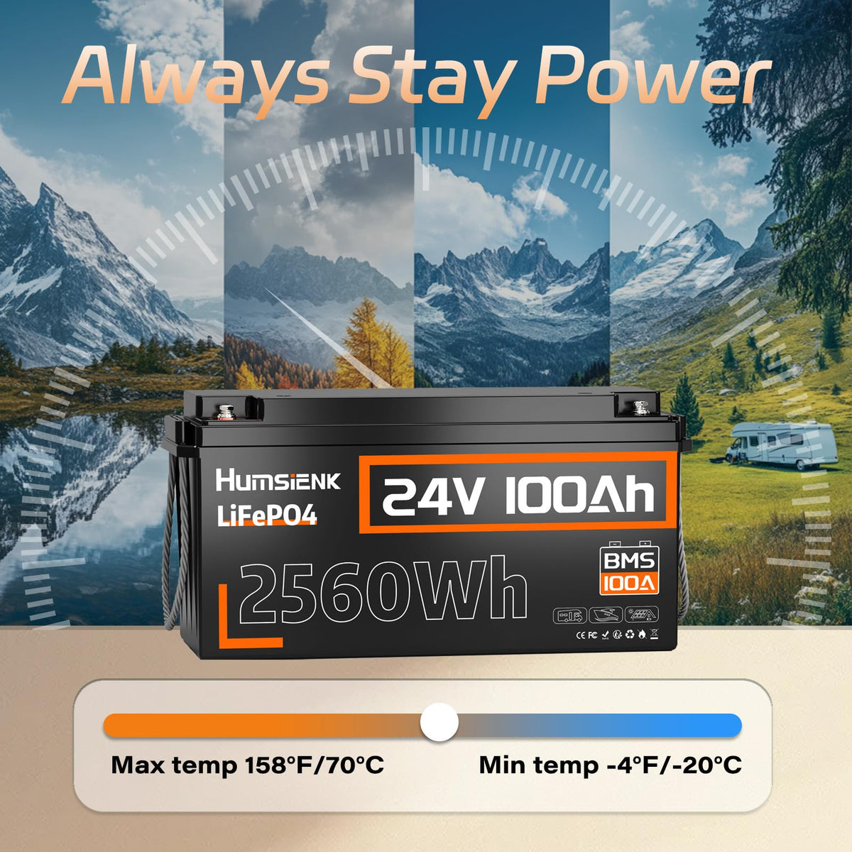 HumsiENK 24V 100Ah LiFePO4 Lithium Battery, Built-in 100A BMS with Low-Temp