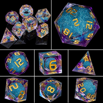 ARUOHHA Liquid Core DND Dice Set, 7pcs Resin Sharp Edged Dice RPG Purple Polyhedral D and D Dice with Gift Box, Role Playing Dice Set D20 D12 D10 D8 D6 D4
