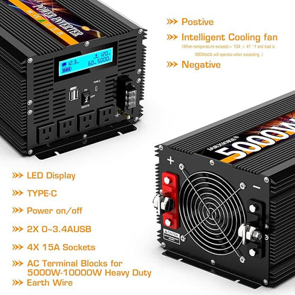 5000 Watt Power Inverter 12V DC to 110V 120V Converter for Family RV Off Grid Solar System Car with Type-C Ports 3 AC Power Outlets Dual USB Ports LCD Display Wireless Remote Control