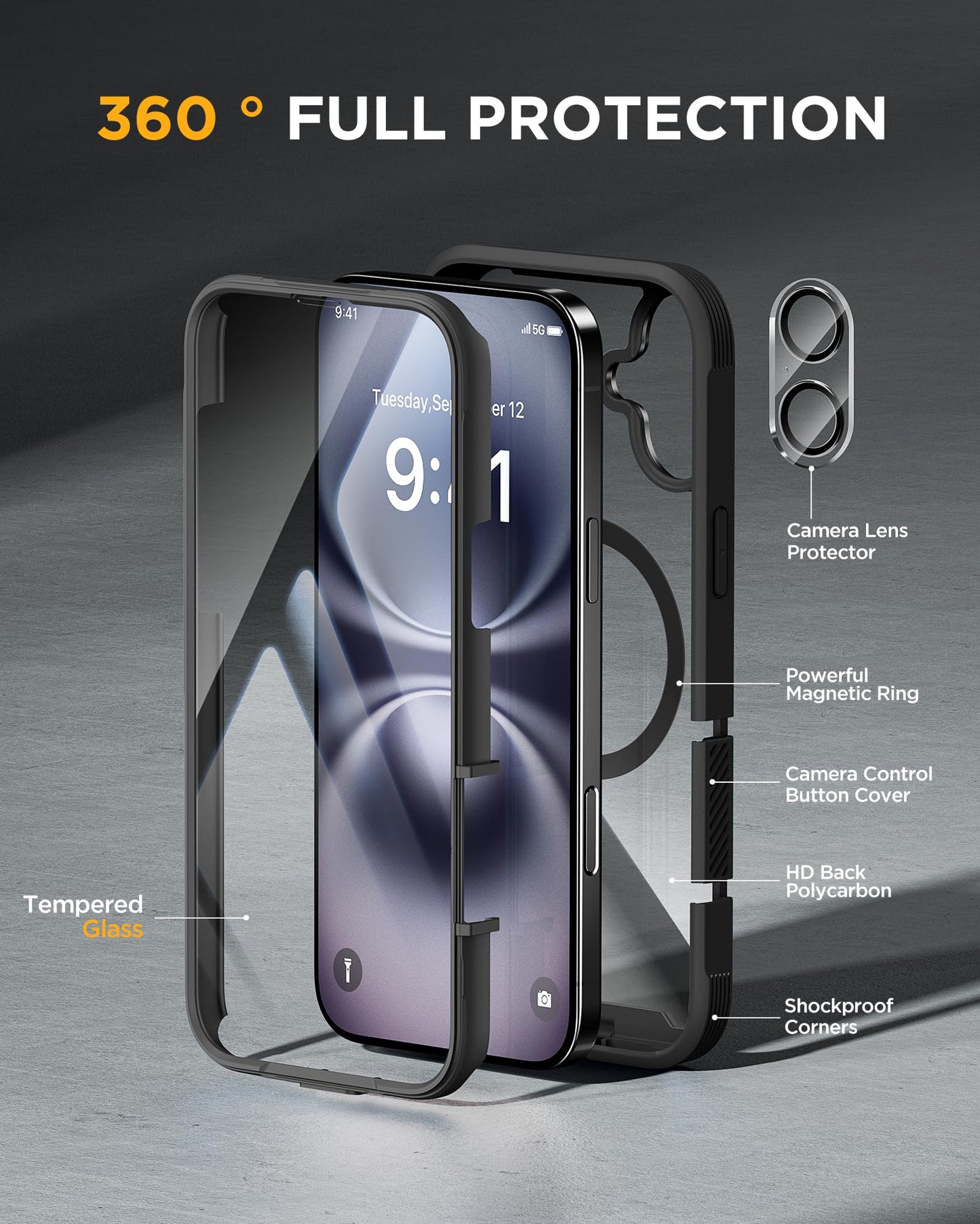 Miracase Magnetic for iPhone 16 Plus Case Full-Body Phone with Built-in Glass Screen Protector, [Compatible with MagSafe] Military Drop Proof 16 Plus Cover Bumper 6.7 inch, Black
