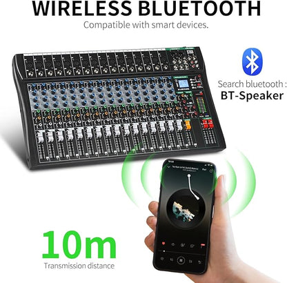 XTUGA 16 Channel Audio Mixer Sound Board Mixing Console, Audio Interface PC USB Bluetooth with 48V Phantom Digital Effect for DJ Live Recording Studio Karaoke(CT160)