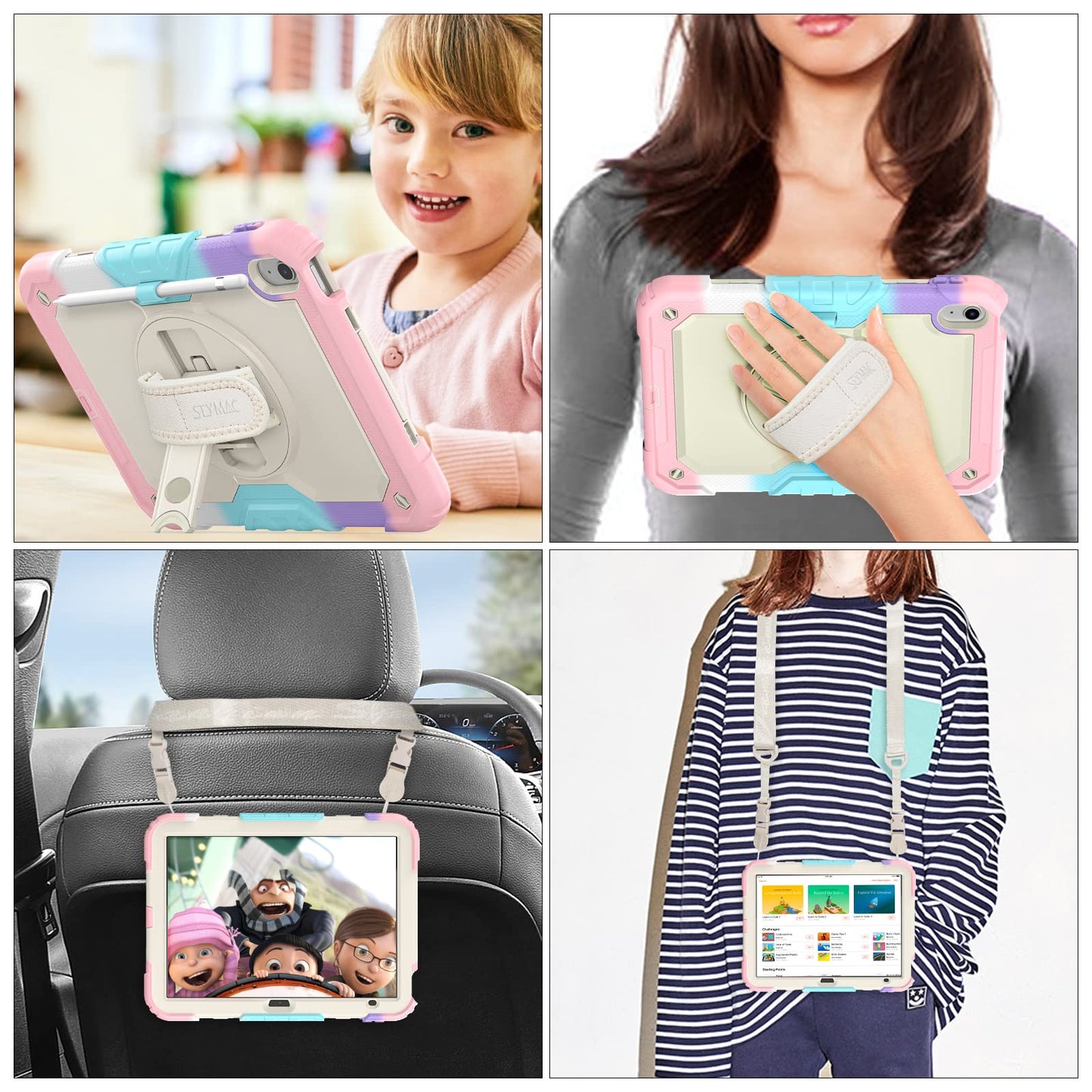 SEYMAC stock Case for iPad (A16) 11th/10th Generation 11''/10.9'' 2025/2022, Full-Body Drop Protection Case with Screen Protector &360° Rotate Hand Strap/Stand, Yellowish+Pink