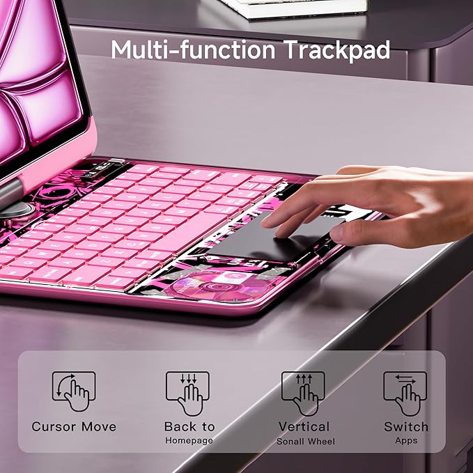 iPad Keyboard Case for 2024 M4 iPad Pro 11 inch, Magic Wireless Keyboard with Trackpad 7 Color Backlit, 360° Rotating Stand Transparent Protective Cover with Pencil Holder (Pink)