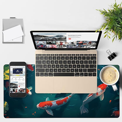 Large Mouse Pad Koi Fish Gaming Desk Pad Computer Keyboard Non-Slip Waterproof Mouse Mat with Rubber Base and Stitched Edges Entertainment Office Writing Desk Mat 35.4 x 15.7 Inches