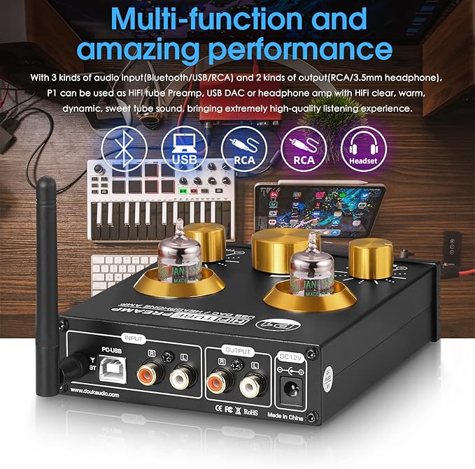 Douk Audio P1 Vacuum Tube Bluetooth Preamplifier, GE5654 Audio Preamp, Hi-Fi Headphone Amp, Stereo Wireless Receiver with USB DAC & APTX-HD for Home Theater Amplifier/Active Speaker
