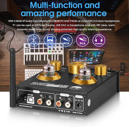 Douk Audio P1 Vacuum Tube Bluetooth Preamplifier, GE5654 Audio Preamp, Hi-Fi Headphone Amp, Stereo Wireless Receiver with USB DAC & APTX-HD for Home Theater Amplifier/Active Speaker