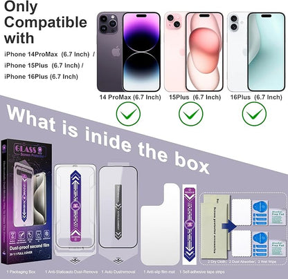 2 Pack Screen Protector for iPhone 14 Pro Max/iPhone 15 Plus/iPhone 16 Plus, 9H Tempered Glass, Full Coverage, Anti-Fingerprint, Auto Dust-Elimination, No Bubble, Easy Installation