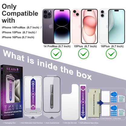 CHRYSHA 2-Pack Screen Protector Tempered Glass for iPhone 16 Plus and iPhone15 Plus and iPhone 14 Pro Max 6.7-Inch, Auto Dust Removal, No Bubbles, High Definition Clear, Easy Installation