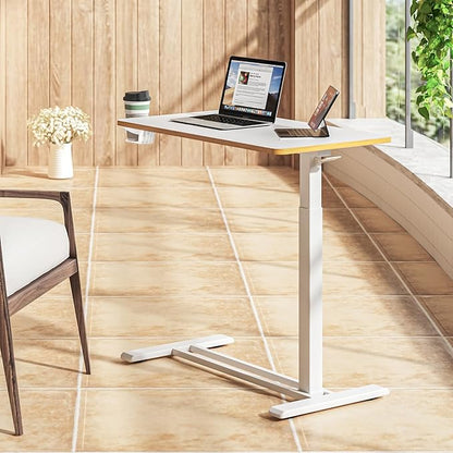 SANODESK Medical Adjustable Overbed Bedside Table with Hidden Casters, Pneumatic Mobile Laptop Computer Standing Desk Cart with Tray, Hospital and Home Use(31.5" W x 17.7" D, White)