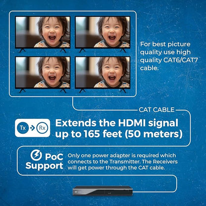 OREI 1x4 HDMI Extender Splitter Multiple Over Single Cable CAT6/7 1080P with IR Remote EDID Management - Up to 165 Ft - Loop Out - Low Latency - Full Support