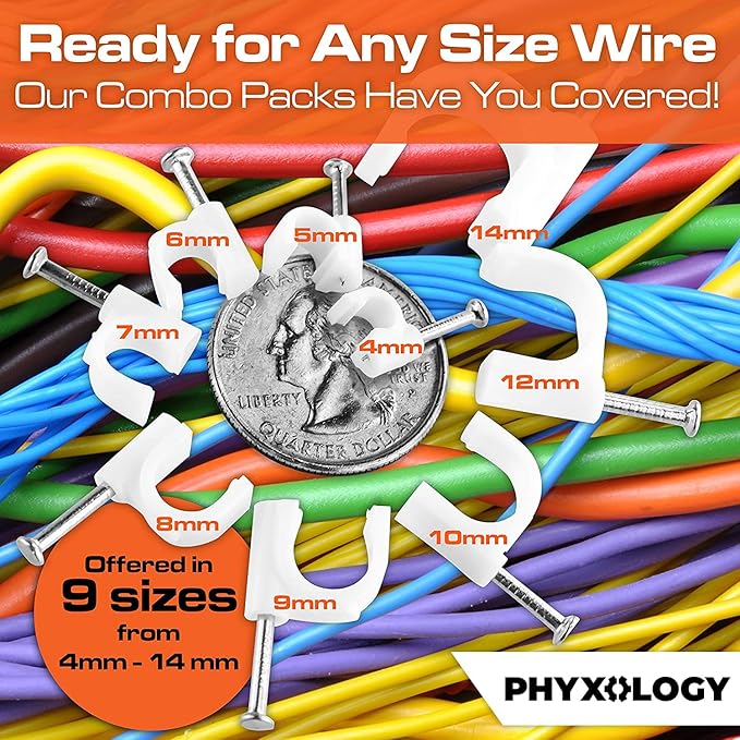 Pro-Grade, Cable Clips with Steel Nails 5mm, 7mm, 9mm Wire Holders and Tacks 100 Per Size. Durable, Easy Install, UV Resistant Plastic Clips to Organize Coax, Ethernet, Cat5, Cat6 and Other Cords.