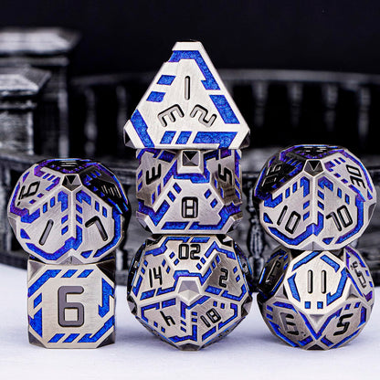 OGCOPHEN Metal DND Sci-fi Dice Set 7PCS Stripe Polyhedral Dice for Dungeons Dragons RPG Role Playing Game, Glitter D and D Dice with Gift Box D6 D8 D10 D12 D20 (Blue Purple&Grey)