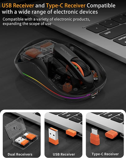 Bluetooth Wireless Mouse, Transparent RGB Tri-Modes Mouse,Bluetooth & 2.4GHz for Multi Device, USB-C Receiver Ideal for MacBook/Laptops, Rechargeable, Silent, Portable, Cool LED, Ergonomic - Black