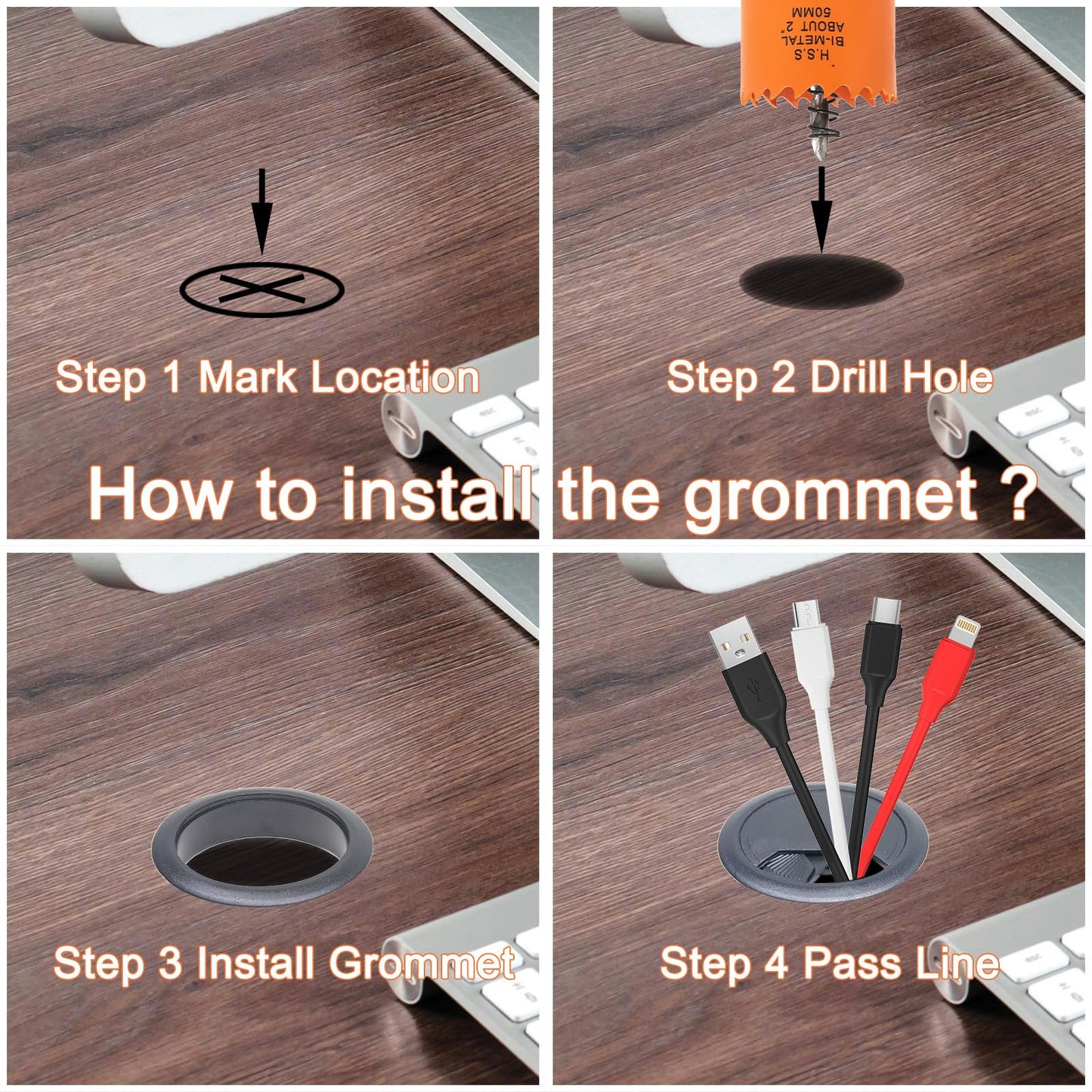 VIKITON Desk Grommet 2 inch with Hole Saw, 2PCS, Black