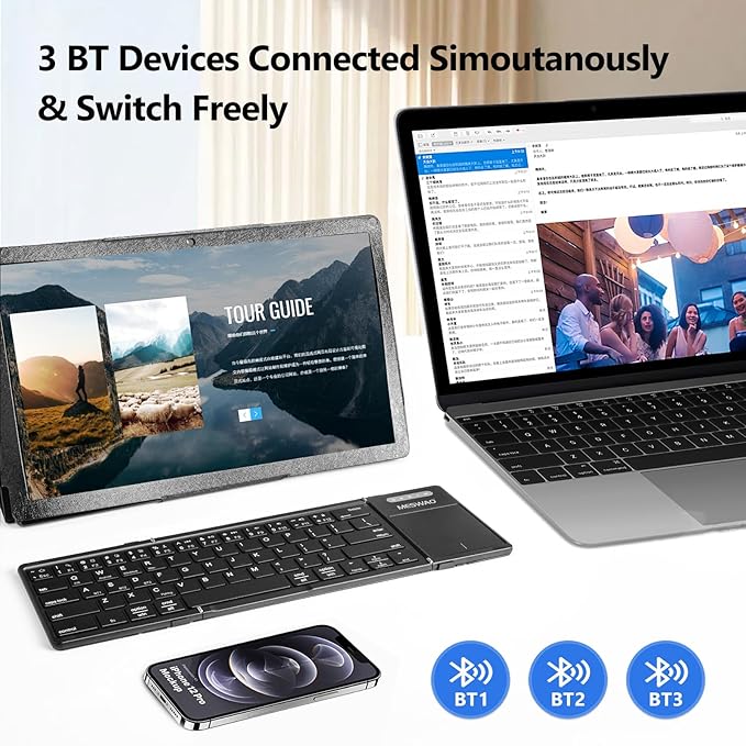 Foldable Bluetooth Keyboard with Touchpad, Wireless Folding Keyboards with PU Leather (Sync up to 3 Devices), Full-Size Portable Keyboard for Android/Windows/iOS