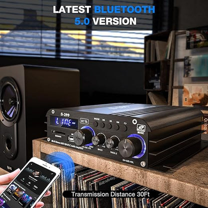 Facmogu S-299 4.1CH Bluetooth Power Amplifier with Active Subwoofer Output (NOT Passive Subwoofer), Max 800W RMS 40Wx4 Subwoofer Amplifier Hi-Fi Integrated Mini Speaker Amp Audio Sub Bass Amp