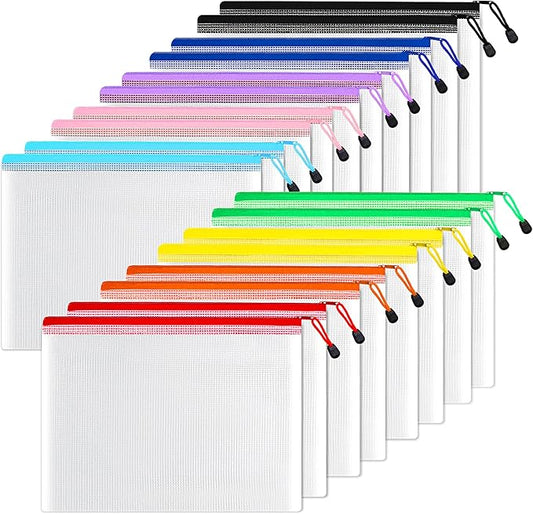 SUNEE Plastic Mesh Zipper Pouch 11x15 in (9 Colors, 18 Packs),Extra Large Water-Resistant Zip Bag for School Office Supplies, Puzzles & Games Organizing Storage