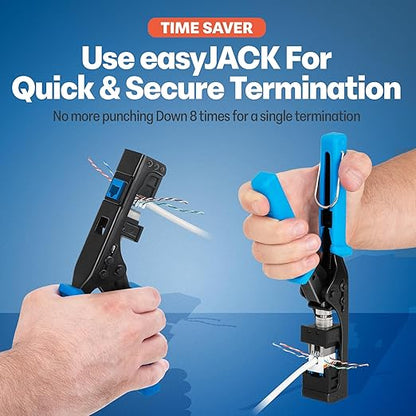 Everest easyJACK - 90° Angled Speed Termination Keystone Tool Set - with 20-Pack of RJ45 Slim Profile Cat6A Keystone Jacks (10 Blue & 10 White) - Time Saver Network Cat6 Punchdown Tool