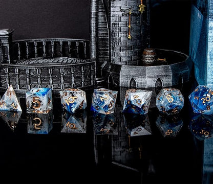 ARUOHHA Blue DND Resin Dice Set 7PCS Translucent Handmade RPG Polyhedral Sharp Edge Dice Set with Gift Box, Glitter Inclusions D and D Dice D20 D12 D10 D8 D6 D4
