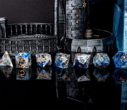 ARUOHHA Blue DND Resin Dice Set 7PCS Translucent Handmade RPG Polyhedral Sharp Edge Dice Set with Gift Box, Glitter Inclusions D and D Dice D20 D12 D10 D8 D6 D4