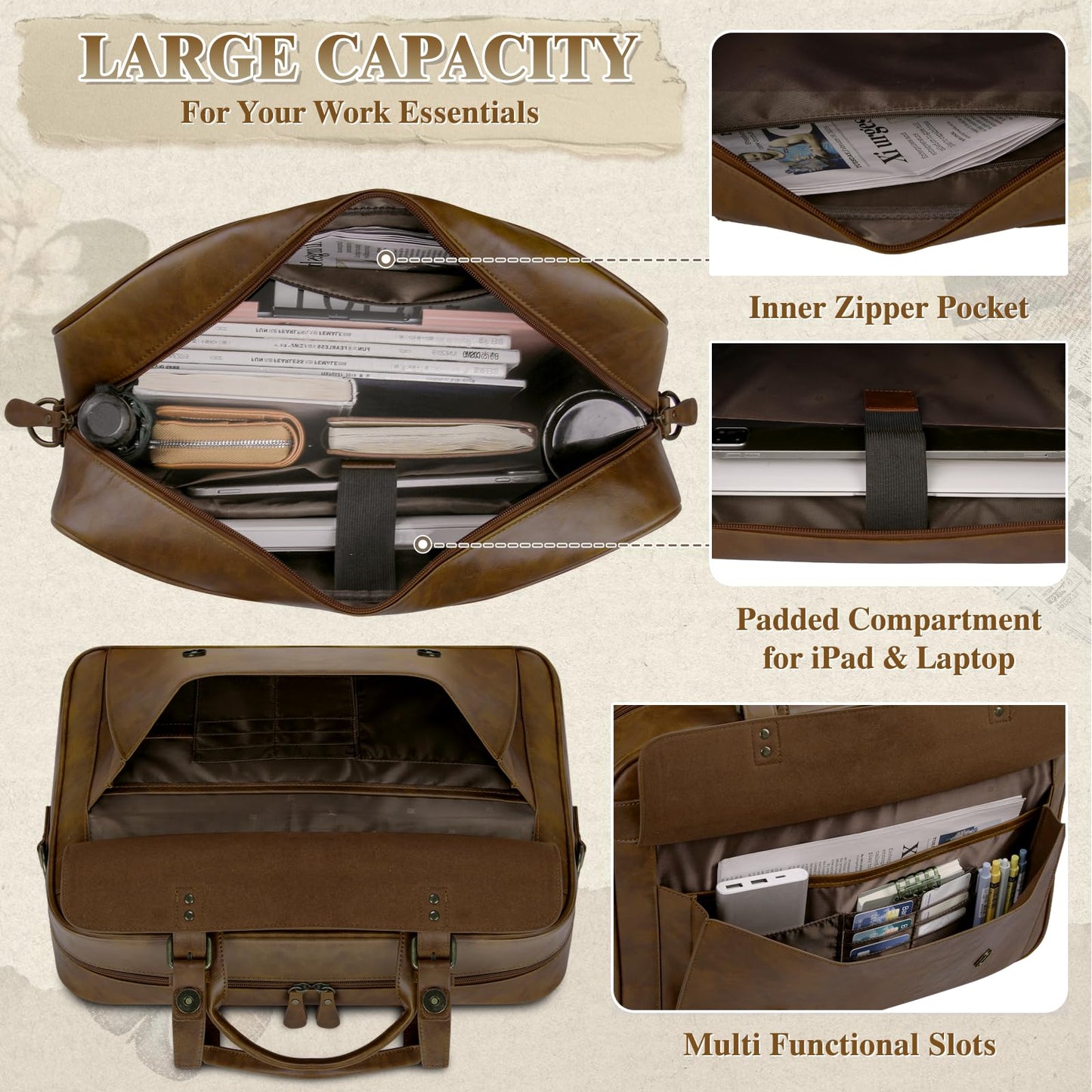 RAINSMORE Messenger Bag for Men 16 Inch Laptop Bag Vintage Leather Waterproof Laptop Briefcases Large Computer Bags Retro Satchel Shoulder Bag for Work，Business，Office，College