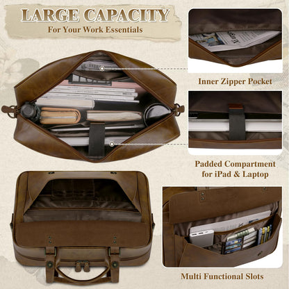 RAINSMORE Messenger Bag for Men 16 Inch Laptop Bag Vintage Leather Waterproof Laptop Briefcases Large Computer Bags Retro Satchel Shoulder Bag for Work，Business，Office，College