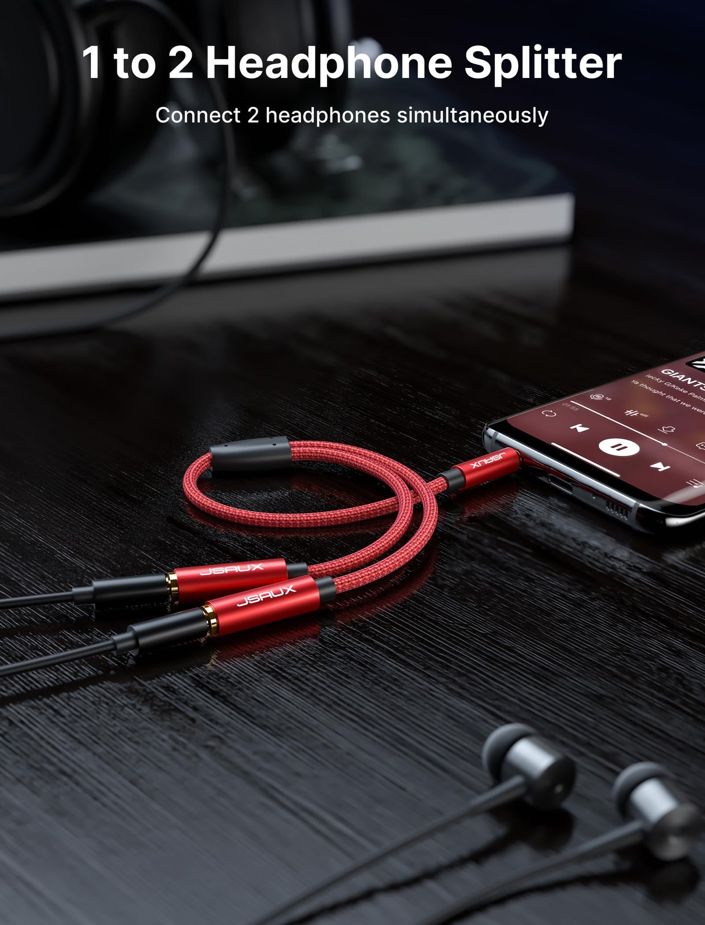 JSAUX Headphone Splitter for 2 Headphones, 3.5mm Splitter (No Mic), Red