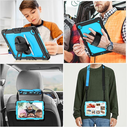 SEYMAC stock Case for Samsung Galaxy Tab A9+ Plus 11'', Full-Body Drop Protection Case with Screen Protector Pencil Holder [360° Rotating Hand Strap] &Stand, SkyBlue+Black