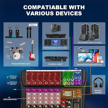 6 Channel Audio Mixer, Professional Music Mixer Board DJ Mixing Console with Bluetooth, USB/MP3 Player, Reverb, and 48V Phantom Power for Studio Recording, Karaoke, and Live Performances