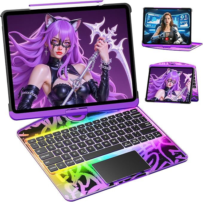 KITONE Transparent Case with Wireless Keyboard only for 2024 iPad Pro 11-in.(M4), 7 Colors Backlight, Trackpad, 360°Rotating Stand for iPad Pro 11(5th Gen), Tech Style