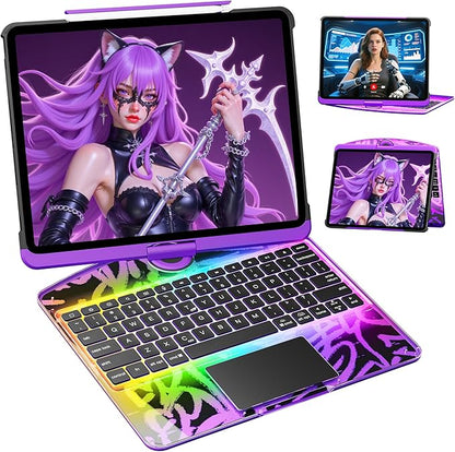 KITONE Transparent Case with Wireless Keyboard for iPad Air 13-in.(M3/M2, 2025/2024), 7 Colors Backlight, Trackpad, 360°Rotating Stand for iPad Pro 12.9-in (6/5/4/3 Gen), Tech Style