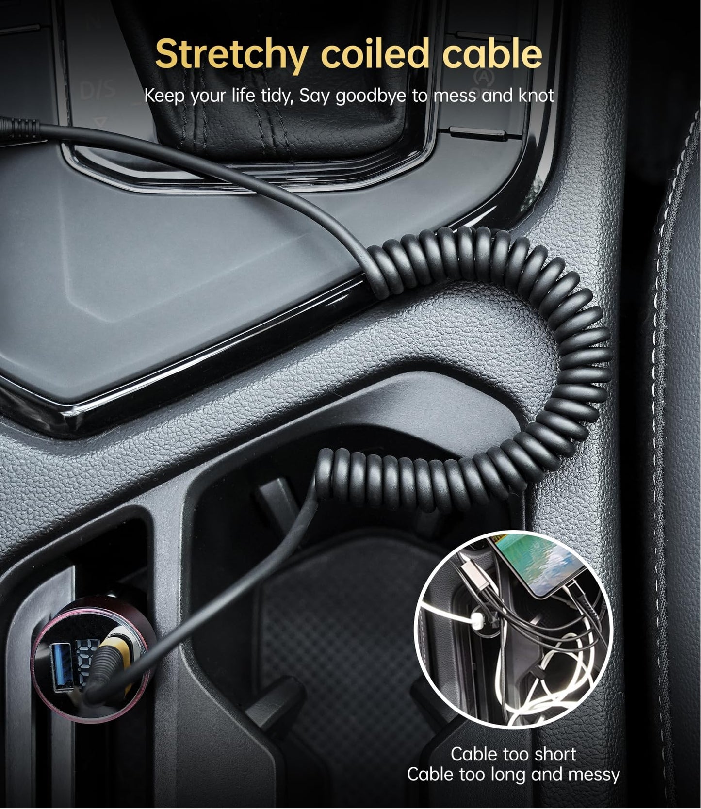 Short iPhone Charger Cable for Car, 2 Pack 3FT Coiled Lightning Cable