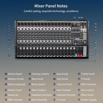 Audio Mixer, TKLBLS Professional 16 Channel DJ Mixer Board with 99-Bit DSP, Sound Board Mixing Console 7-Band EQ Output, USB Audio Interface, Bluetooth 48V Phantom Power For Karaoke Studio Streaming