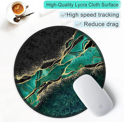 ITNRSIIET Round Mouse Pad with Stitched Edge Premium-Textured Waterproof Non-Slip Rubber Base Desktop Protection Mat Diameter 8.7 inches, Green Marble Gold