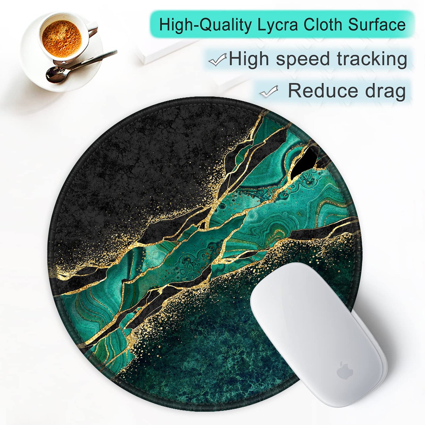 ITNRSIIET Round Mouse Pad with Stitched Edge Premium-Textured Waterproof Non-Slip Rubber Base Desktop Protection Mat Diameter 8.7 inches, Green Marble Gold