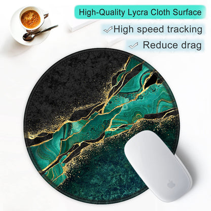 ITNRSIIET Round Mouse Pad with Stitched Edge Premium-Textured Waterproof Non-Slip Rubber Base Desktop Protection Mat Diameter 8.7 inches, Green Marble Gold
