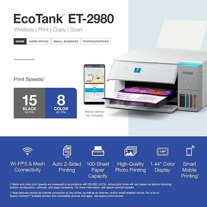 Epson EcoTank ET-2980 Wireless All-in-One Color Supertank Printer with up to 3 Years of Ink, Refillable Tanks, Perfect for Home, 15 PPM, 1.44" Color Screen, Auto 2-Sided Printing - White