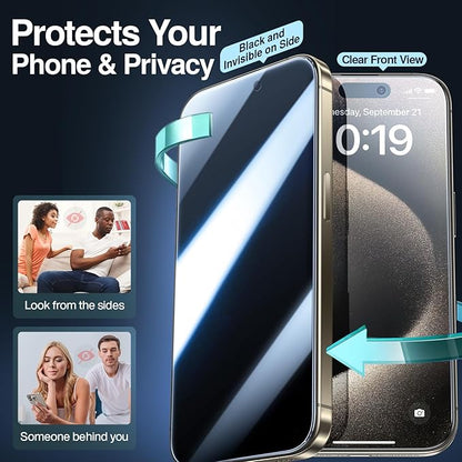 SMARTDEVIL 2PACK Privacy Screen Protector for iPhone 15 Shatterproof Tempered Glass [True 28°Anti Spy] [9H Hardness] [Auto Dust-Elimination Install], [Bubble Free]
