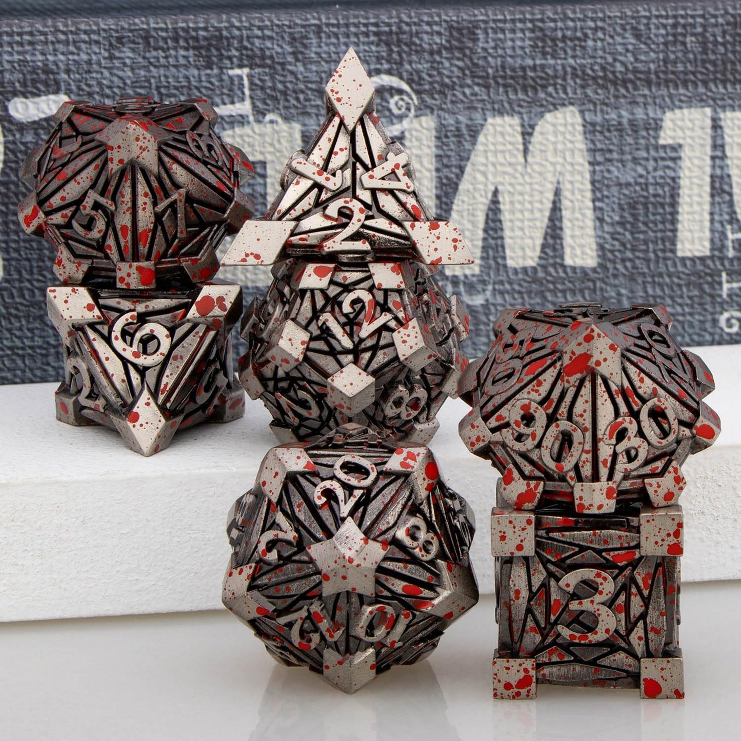 ORIFANTOU 7PCS Metal DND Dice Set with Box, Debris RPG Blood Spatter D and D Dice for use with D&D Tabletop Games Role Playing Game Polyhedral Dice Set D20 D12 D10 D8 D6 D4