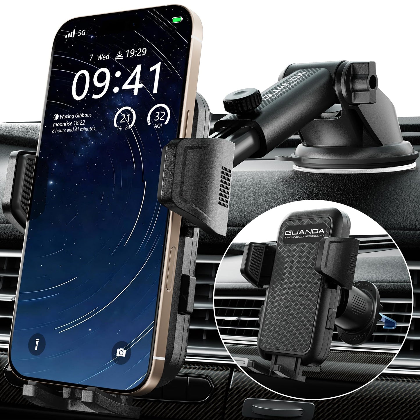 Adjustable Windshield Phone Mount for Car, Suction Cup Dashboard Holder for All Cell Phone, (+Vent Hook) [Military Grade Stable], Non-Slip Silicone Carbon Fiber, (Black)