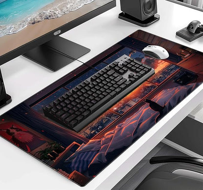 Anime Cat Fantasy Window Mouse Pad, Summer Mouse Pad Large Healing Night Scene, Game Table Pad XL Office Decoration Women's Laptop Keyboard Pad 35.4 x 15.7 x 0.12 Inches
