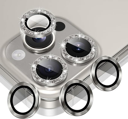 AGVEE 3+3 6 Pack for iPhone 16 Pro 6.3" / 16 Pro Max 6.9" Camera Lens Cover Protector, Bling Glitter & CD-Textured Metal Ring 9H Tempered HD Glass Camera Cover Protector Film, Glitter-Natural