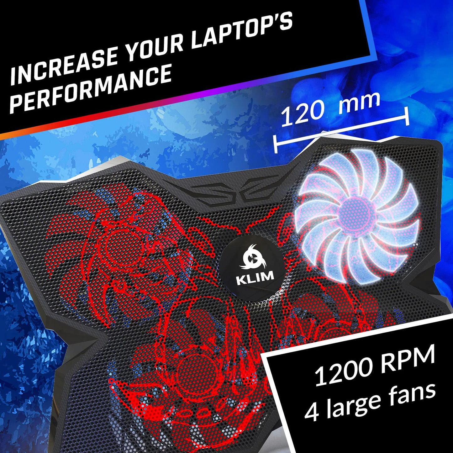 KLIM Wind Laptop Cooling Pad - More Than 500,000 Units Sold - New Version - Powerful Rapid Action Laptop Cooler - Laptop Stand with 4 Cooling Fans - 2 USB Ports - PC Mac PS5 PS4 Xbox One - Cobra Red