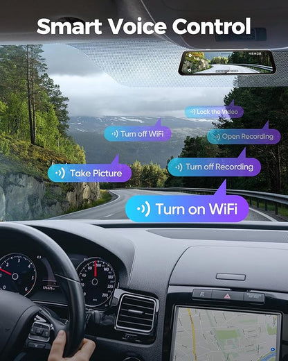 12" Mirror Dash Cam, 4K UHD Front and 2.5K Rear View Dash Camera for Car, with ADAS BSD LCA Smart Mode, GPS, G-Sensor, Loop Recording, Parking Monitor, Voice Control, 5.8GHz WiFi