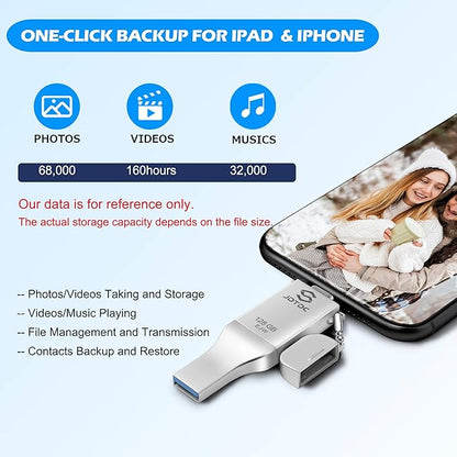 JSL JDTDC 128GB Apple MFi Certified iPhone-Photo-Stick, 3 in 1 USB C Photo-Stick-for-iPhone-USB-Flash-Drive Memory-Stick JD Thumb Drive iPhone Backup Stick for iPhone 16 15 14 13 12 iPad Android PC
