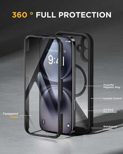 Miracase Magnetic for iPhone 16 Plus Case Full-Body Phone with Built-in Glass Screen Protector, [Compatible with MagSafe] Military Drop Proof 16 Plus Cover Bumper 6.7 inch, Black