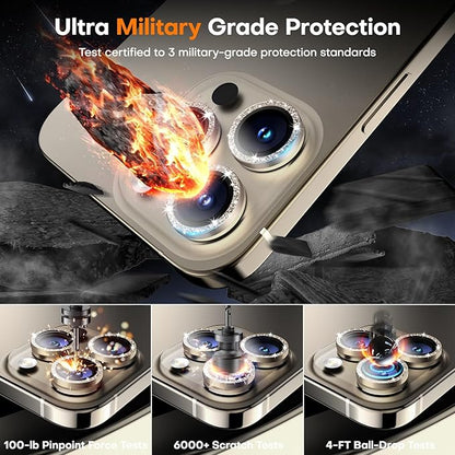Camera Lens Protector for iPhone 16 Pro Max/16 Pro/15 Pro Max/15 Pro/14 Pro Max/14 Pro, Sapphire Glass Metal Individual Camera Cover Screen, Anti-drop, Case Friendly- Glitter Natural Titanium